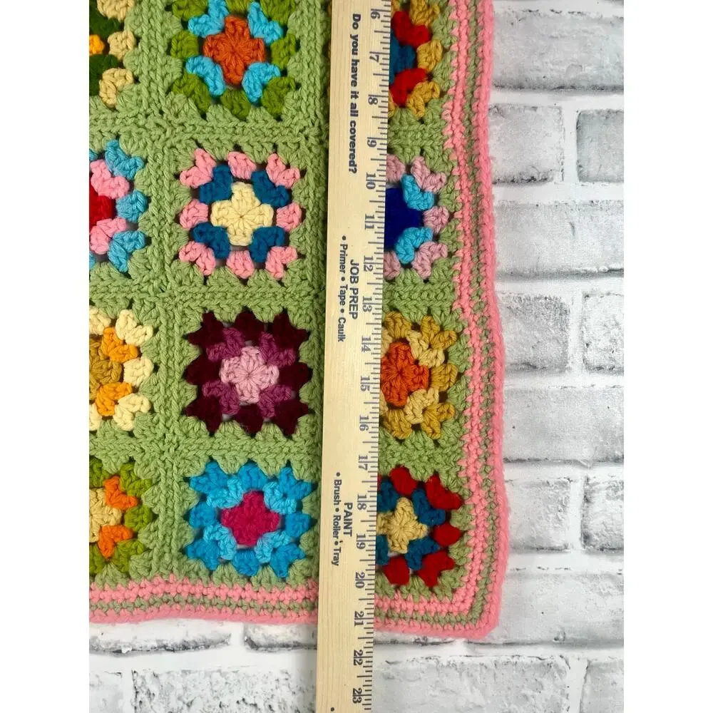 Vintage Crochet Granny Square Doll Blanket Pink Green Stroller Afghan 22x26